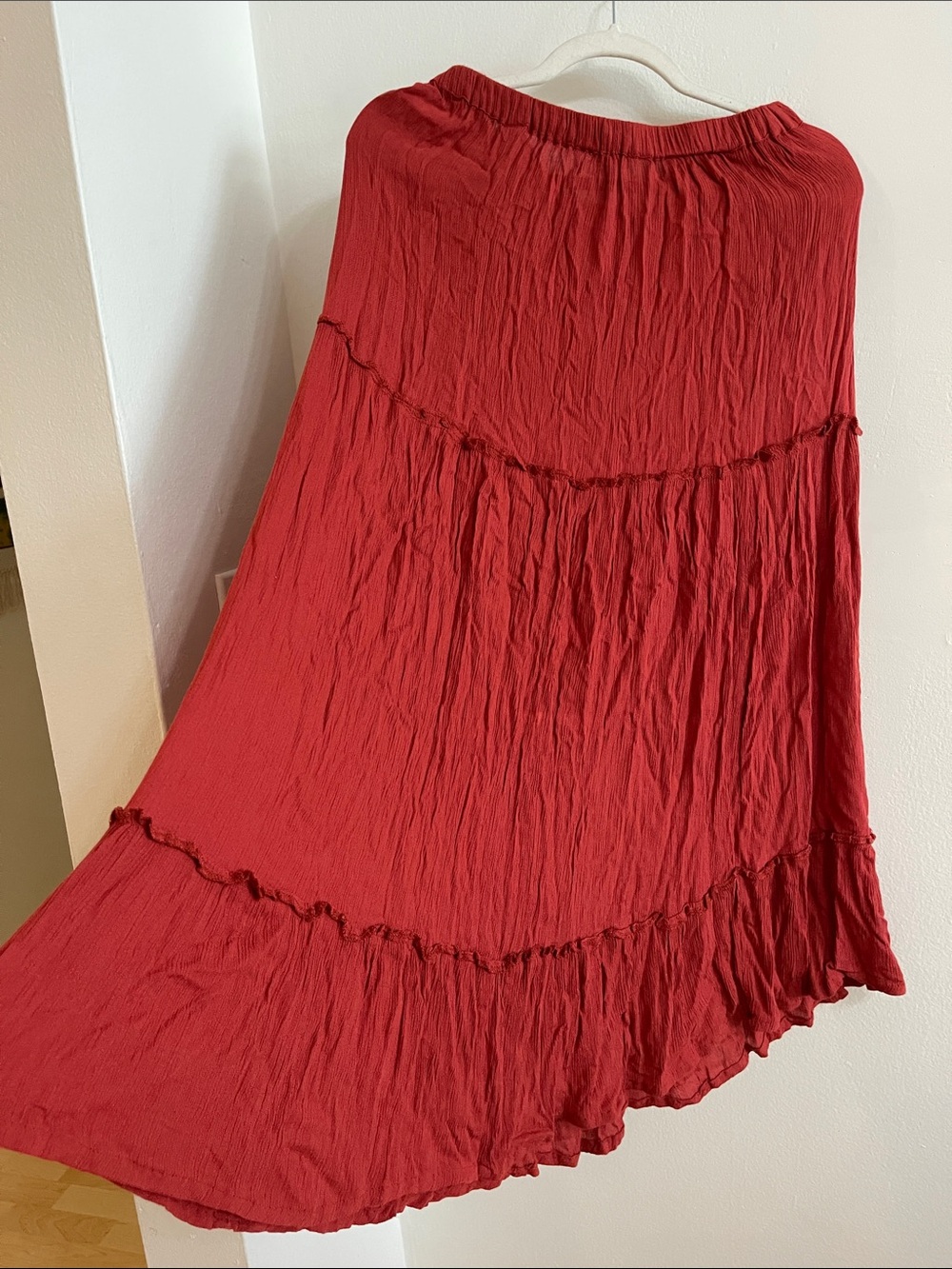 Women's Red Tiered Maxi Skirt with Elastic Waist